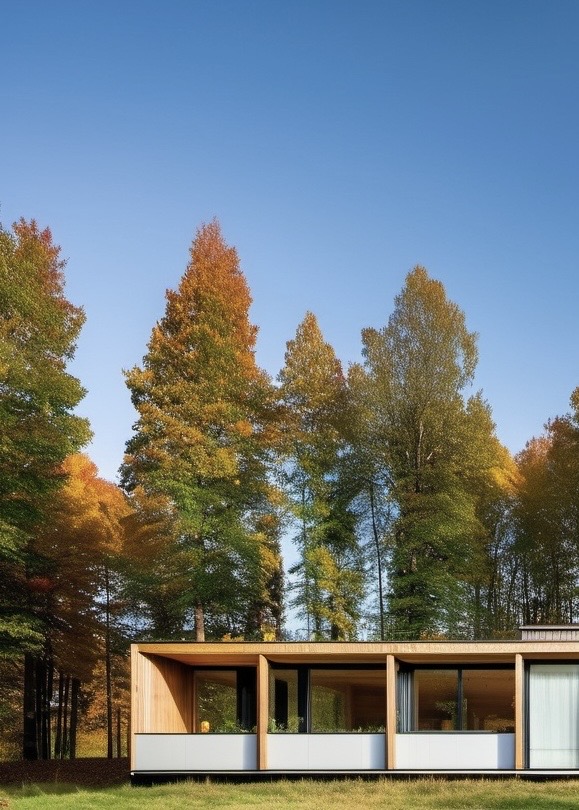 Casa de fusta horitzontal davant d'un bosc de tardor