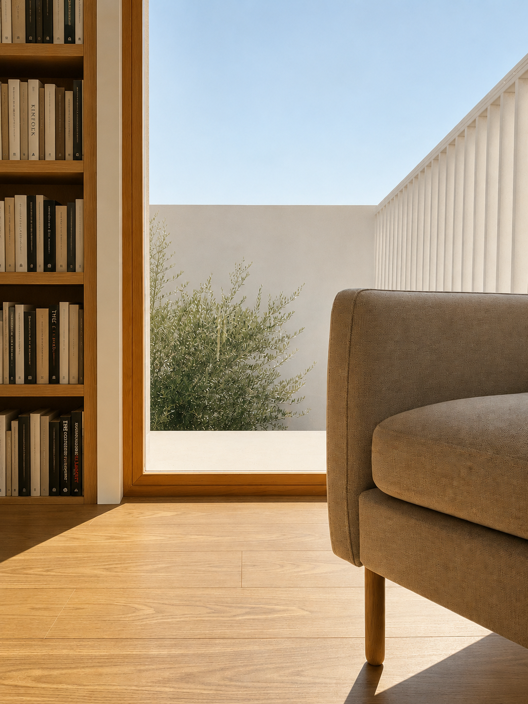 Interior lluminós amb llibreria de fusta i vistes a la terrassa